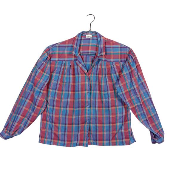 VTG Mister Remo Plaid Button Down Blouse Size 16 Red & Blue Collared Long Sleeve - Picture 3 of 12